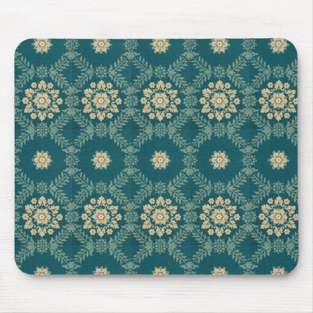 Vintage Aquamarine und beige Blumenstoffe Mousepad (Vorne)