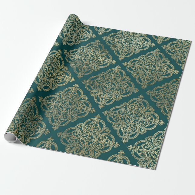 Vintage Aquamarine und Gold Geschenkpapier (Ungerollt)