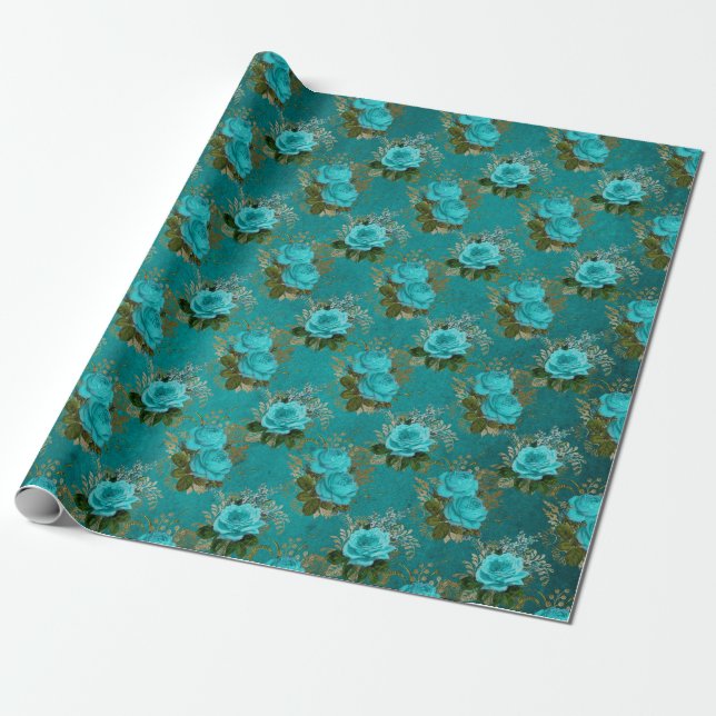 Vintage Aquamarine und Gold-Rose Geschenkpapier (Ungerollt)