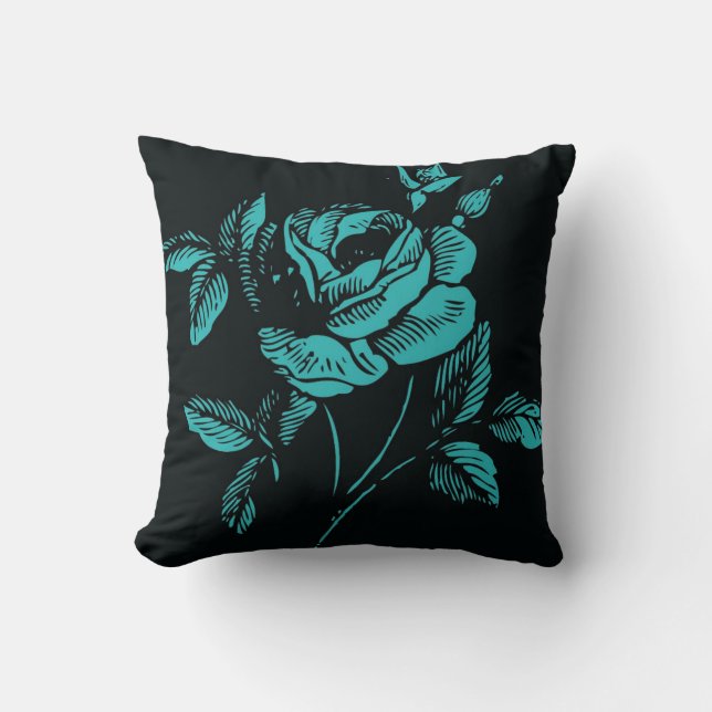 Vintage aquamarine und schwarze Rosen-Illustration Kissen (Vorderseite)