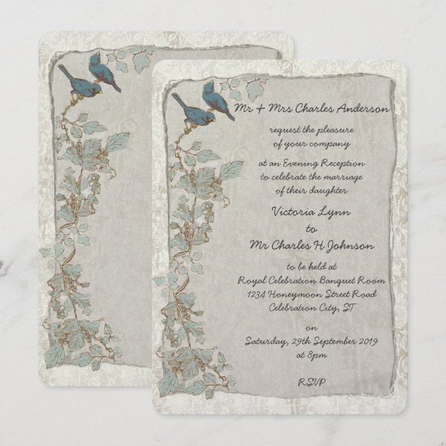 Vintage Aquamarine Vögel Damask Abend Empfang Einladung (Vorne/Hinten)
