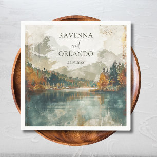 Vintage Aquarell Bergsee Hochzeit im Herbst Serviette