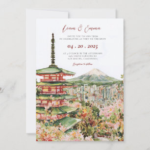 Vintage-Aquarell Japanische Landschaft Hochzeit Einladung