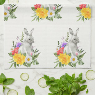 Vintage-Aquarell-Osterhase-Frühlingsblumen Geschirrtuch