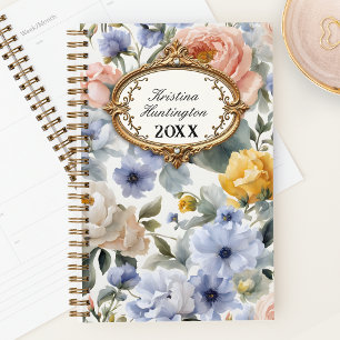 Vintage Aquarellblüten mit goldenen Rahmen Planer