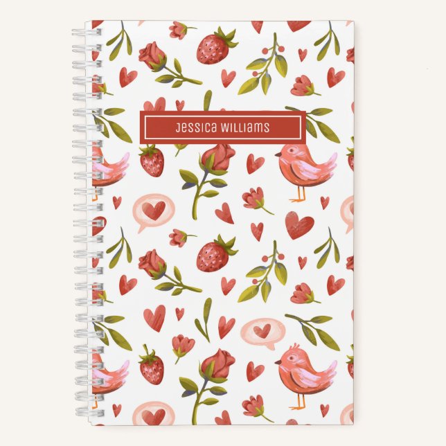 Vintage Aquarellblütenmuster Rote Rosen Vogelmuste Notizbuch (Vorderseite)