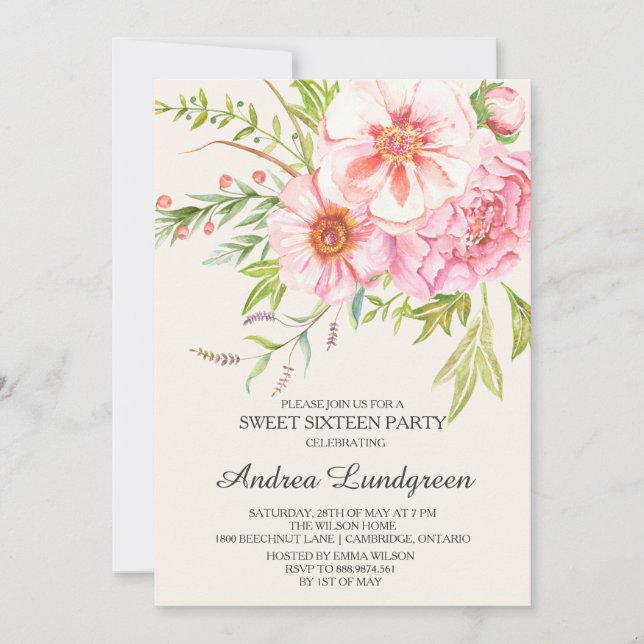 Vintage Aquarelle Peonies Sweet sixteen Invitation (Devant)