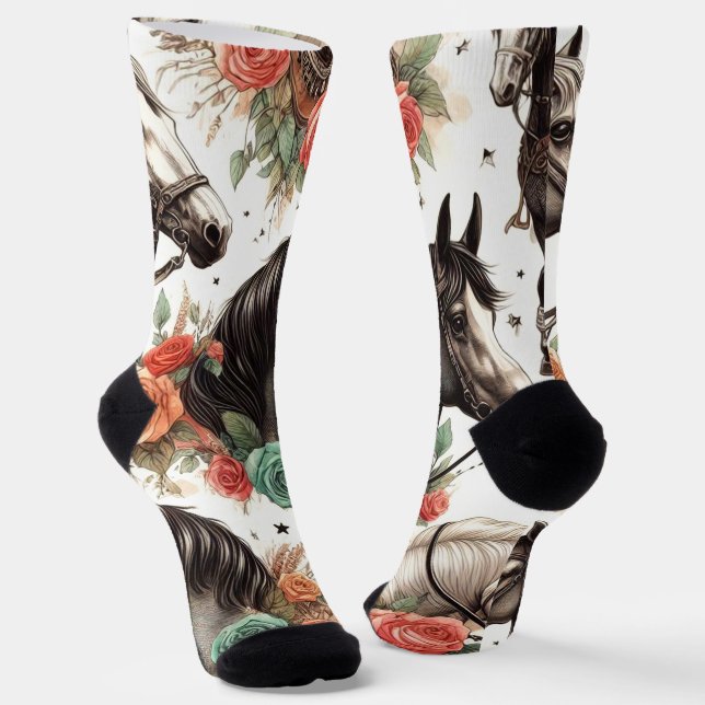 Vintage Aquarellfarbe Nahtlose Pferdemalerei Socken (Gewinkelt)