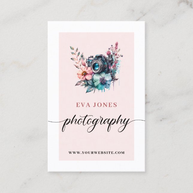 Vintage Aquarellkamera und Blume Fotografie Visitenkarte (Vorderseite)