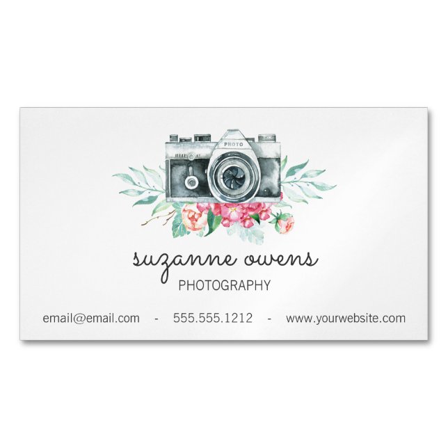 Vintage Aquarellkamera und Blume Magnetische Visitenkarte (Vorderseite)