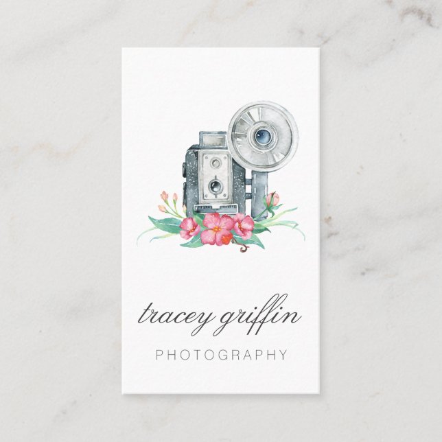 Vintage Aquarellkamera und Blume Visitenkarte (Vorderseite)
