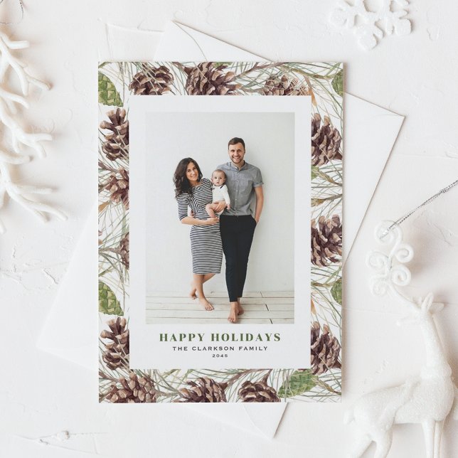 Vintage Aquarellkiefer Cons Foto Weihnachten (Customizable Photo Holiday Postcard with Watercolor Pine Cones Pattern)