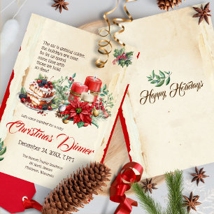Vintage Aquarellkiefern Rote Poinsettia Weihnachte Einladung