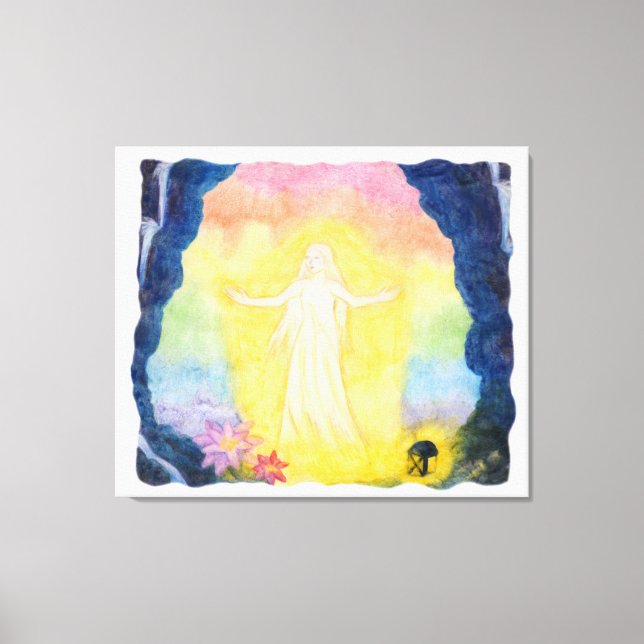Vintage Aquarellmalengel und Regenbogen Leinwanddruck (Vorderseite)