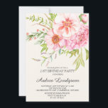 Vintage Aquarellmönche Einladung zum Geburtstag<br><div class="desc">Individuelle Einladung mit Aquarellpink und Blütenponies sowie anderen Blume und Blättern auf Elfenbeinhintergrund. Perfekte Einladung für Frühlings- und Gartenbau-Partys.</div>