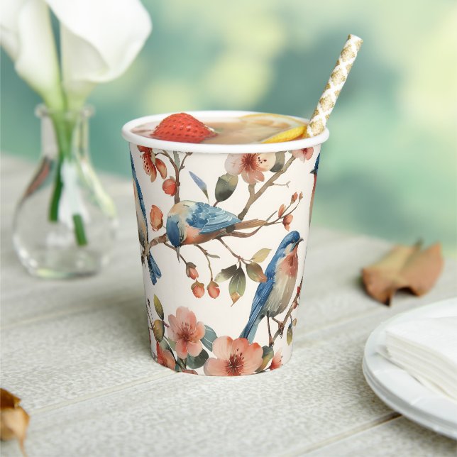 Vintage Aquarellvögel und Blume Papiertasse Pappbecher (In Situ)