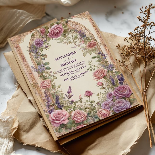 Vintage Arch Lila Rosa Rosen Blumenhochzeit Einladung (Von Creator hochgeladen)