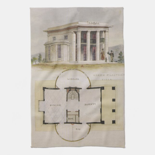 Vintage Architektur, Grundriss und griechische Vil Geschirrtuch (Vertikal)