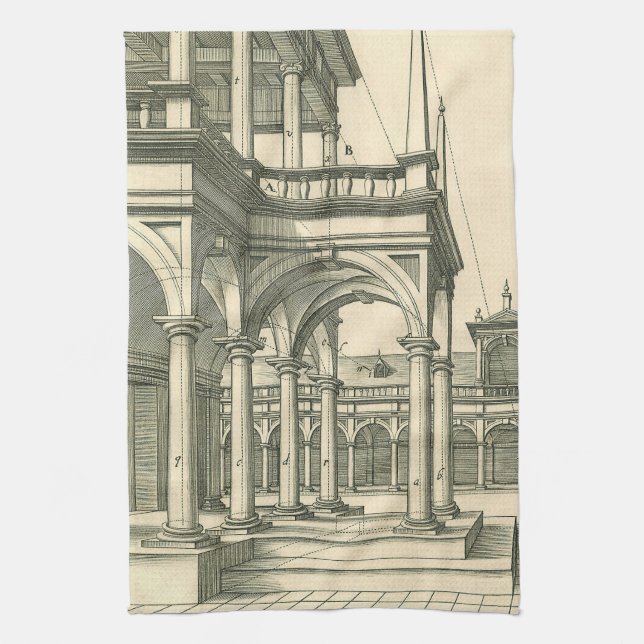 Vintage Architektur, römischer Innenhof mit Säulen Geschirrtuch (Vertikal)