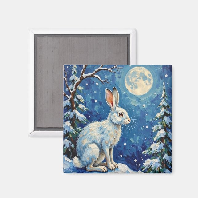 Vintage Arctic Hare in Winter Moonlight Christmas  Magnet (Vorderseite/Rückseite)