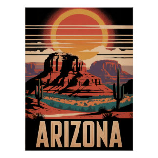 Vintage Arizona Desert Sunset Cactus Landscape Poster