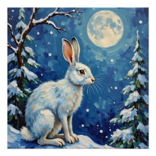 Vintage arktischer Hase im Weihnachtsmondlicht Poster