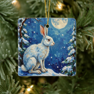 Vintage-Arktishase im winterlichen Mondlicht-Weihn Keramikornament
