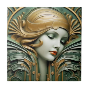Vintage Art Deco Art Nouveau Grün Gold Fliese