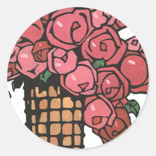 Vintage Art Deco Blumen, rosa Gartenrosen Runder Aufkleber