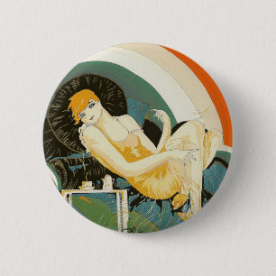 Vintage-Art-Déco-Dame auf Sofa liegend, Chompré Button