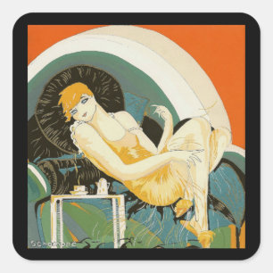Vintage-Art-Déco-Dame auf Sofa liegend, Chompré Quadratischer Aufkleber