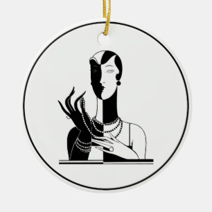 Vintage Art-Deco-Dame mit Perlen Schwarz Transmitt Keramik Ornament