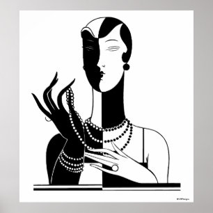 Vintage Art Deco Dame mit Perlen Schwarz Transp Poster