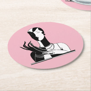 Vintage Art-Déco-Dame mit Perlen weiß Runder Pappuntersetzer