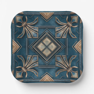 Vintage Art Deco Fleur-de-lis - Blau und Gold Pappteller