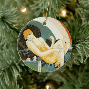 Vintage Art Deco Frau, auf Couch liegend, Chompre Keramikornament