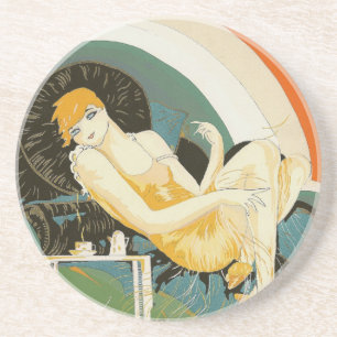Vintage Art Deco Frau auf Couch liegend, Chompre Untersetzer