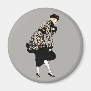 Vintage Art Deco Frau in Leopard Print Jacket Magnet