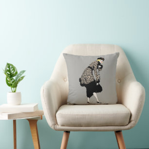 Vintage Art Deco Frau in Leopardenprint-Jacke Kissen
