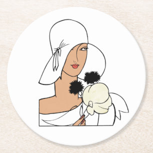 Vintage Art-Deco-Frau mit Blume mit Hut C Runder Pappuntersetzer
