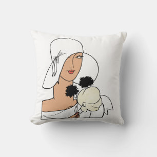 Vintage Art Deco Frau mit Blumen einen Hut tragend Kissen