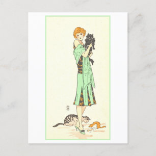 Vintage Art Deco Frau mit drei Katzen Postkarte