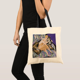Vintage Art Deco Frau mit Katze von S. Chompre Tragetasche