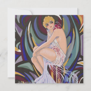 Vintage Art Deco Frau mit Vorhängen von S. Chompre Einladung