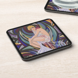 Vintage Art Deco Frau mit Vorhängen von S. Chompre Getränkeuntersetzer