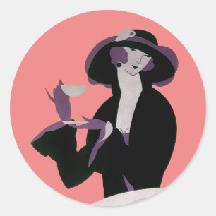 Vintage Art Deco Frau, Nachmittagstee und Cupcake Runder Aufkleber