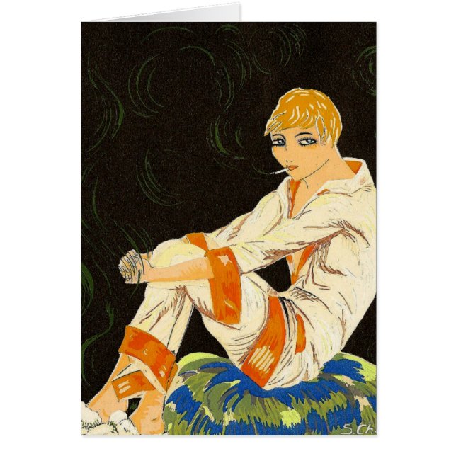 Vintage Art Deco Frau, rauchen von S. Chompre (Vorne)