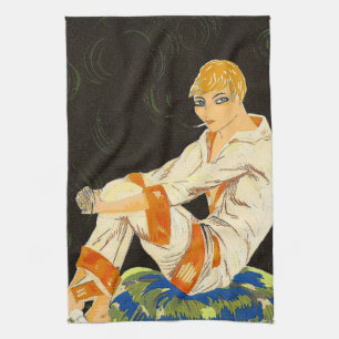 Vintage Art Deco Frau, rauchen von S. Chompre Geschirrtuch