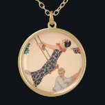 Vintage Art Deco Liebe, The Swing von George Barbi Vergoldete Kette<br><div class="desc">Vintage Illustrations-Liebe und romantische Deko-Bild mit ein paar Flirten, spielen und sorglos im Park während der Frühjahrssaison. Die Frau schwingt auf einer Schaukel von einem Baum, ihr Hut fällt ab, und sie trägt ein wunderschönes Blumenkleid mit blühenden Blume. Der Mann ist hinter ihr stehend und drückt sie sanft. L'Escarpolette (auch...</div>