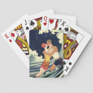 Vintage-Art-Déco-Liebende küssen sich in den Welle Spielkarten